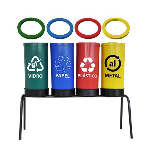 Kit com 4 lixeiras de 23 L para coleta seletiva com aro para fixação de sacos Kit com 4 lixeiras de 23 L para coleta seletiva com aro para fixação de sacos