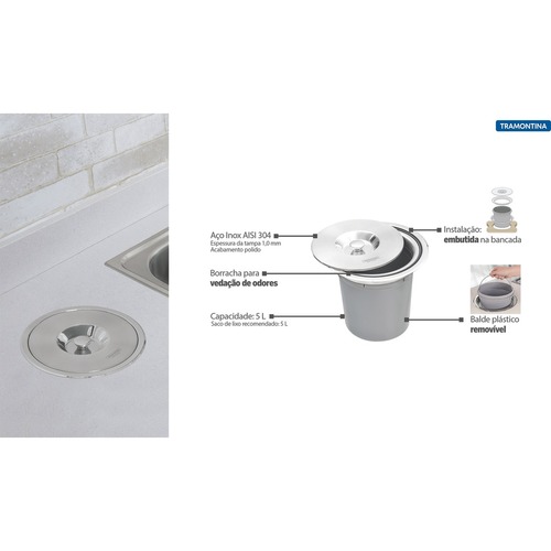 Lixeira de embutir a�o em inox balde pl�stico 5 L - Clean Round
