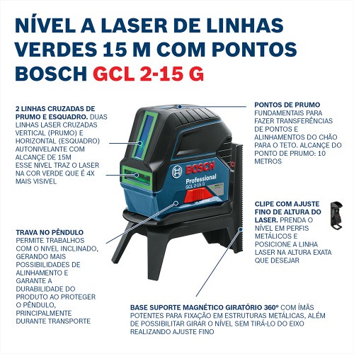 N�vel a laser verde com 2 linhas e 2 pontos de prumo - GCL 2-15G