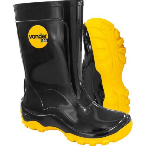 Bota infantil de PVC preta e amarela com forro  
