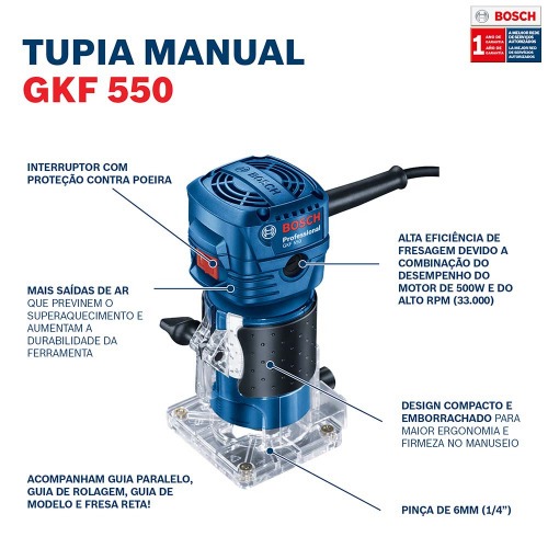 Tupia manual 550 watts com pinça de 6 mm e 1/4 Tupia manual 550 watts com pinça de 6 mm e 1/4