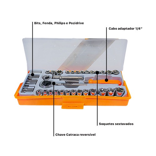Jogo de bits e soquetes com chave catraca 40 pe�as - 13565