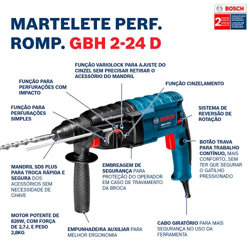 Martelete Perfurador Rompedor 820W 2,7 joules com 5 brocas Sds Plus GBH2-24D  220V