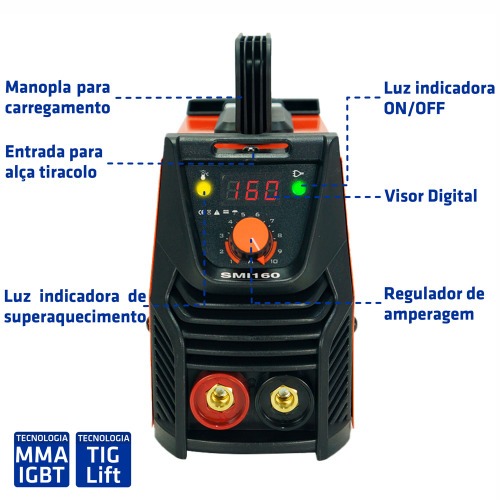 Inversora de solda painel digital 160A para eletrodo revestido e Tig - SMI160  220V
