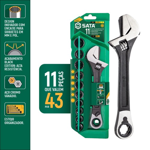 Jogo de soquete 10 a 19 mm com chave catraca/ajustável - Vortex X6 Jogo de soquete 10 a 19 mm com chave catraca/ajustável - Vortex X6