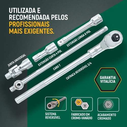 Jogo de soquete estriado 30 a 60 mm encaixe 3/4