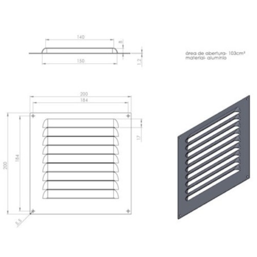 Grade de ventila��o em alum�nio quadrada com tela 20 x 20 cm