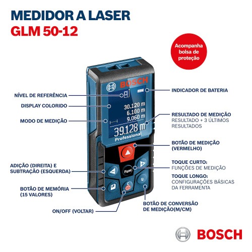 Trena a laser com leitura at� 50 metros tela colorida - GLM 50-12