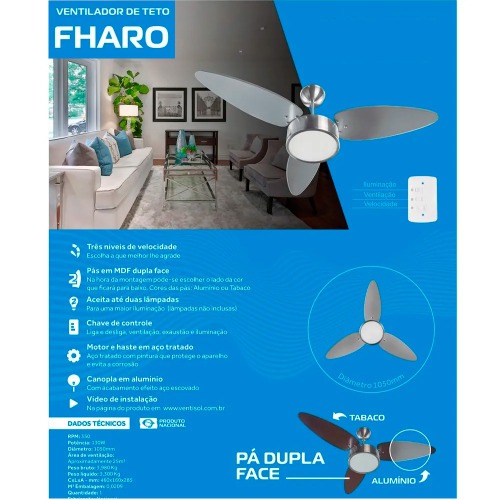 Ventilador de teto 3 p�s em mdf dupla face - Fharo  220V