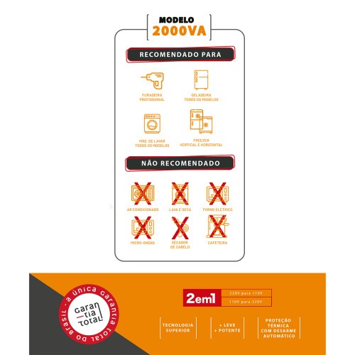 Transformador de voltagem 2000 VA tomada tripolar 10A bivolt - Tecno  110V/220V