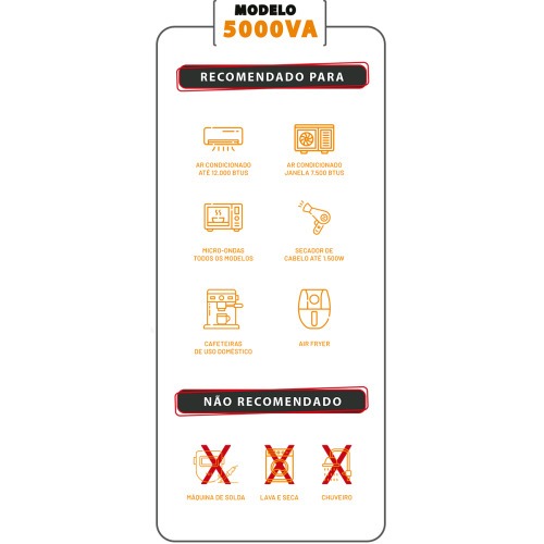 Transformador de voltagem 5000 VA tomada tripolar 20A bivolt - Tecno  110V/220V