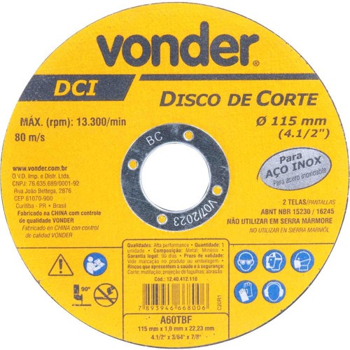Disco de corte 115 x 1,0 x 22,23 - DCI INOX 