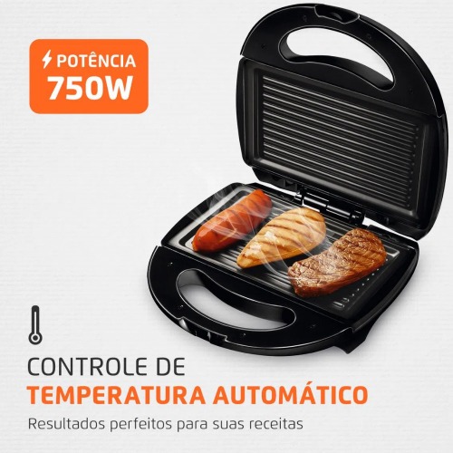 Sanduicheira Grill antiaderente 750 watts preta - S-12  110V