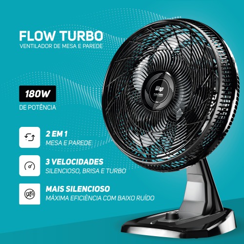 Ventilador de mesa e parede silencioso 50 cm 8 pás 3 velocidades - Flow Turbo 220V Ventilador de mesa e parede silencioso 50 cm 8 pás 3 velocidades - Flow Turbo 220V