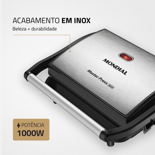 Sanduicheira e grill antiaderente 1000 watts inox Master Press- PG-01 110V Sanduicheira e grill antiaderente 1000 watts inox Master Press- PG-01 110V