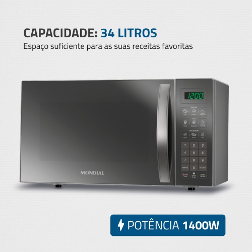 Micro-ondas 34 litros 1400W espelhado 10 níveis de potência- MO-02-34-E 220V Micro-ondas 34 litros 1400W espelhado 10 níveis de potência- MO-02-34-E 220V