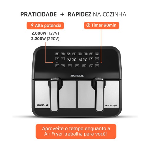 Fritadeira el�trica sem �leo Air Fryer Dual com cesto duplo 8L 2000 Watts - AFD-01-BI  220V