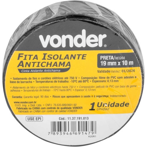 Fita isolante 19 mm x 10 m preta com 10 pe�as
