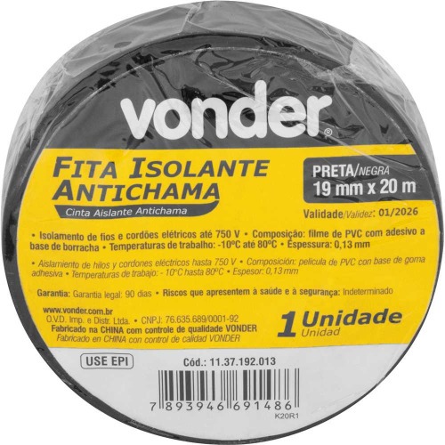 Fita isolante 19 mm x 20 m preta com 10 pe�as