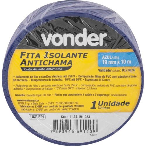 Fita isolante antichama 19 mm x 10 m azul com 10 pe�as