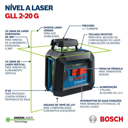 Nível a laser com 2 linhas verdes 360° alcance 10 m com tripé - GLL 2-20 G Nível a laser com 2 linhas verdes 360° alcance 10 m com tripé - GLL 2-20 G