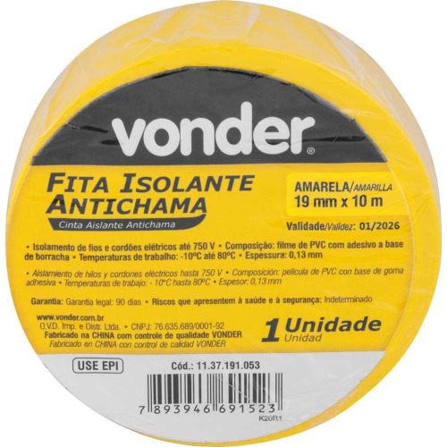 Fita isolante antichama 19 mm x 10 m amarela com 10 peças Fita isolante antichama 19 mm x 10 m amarela com 10 peças