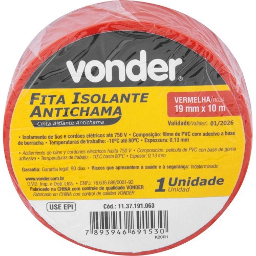 Fita isolante 19 mm x 10 m vermelha com 10 pe�as