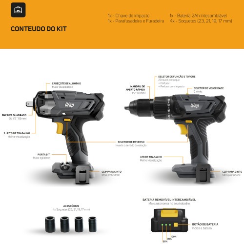 Combo Furadeira Parafusadeira de impacto K21 ID03 + Chave de impacto K21 CH01 21V - K21 KT01 110V/220V Combo Furadeira Parafusadeira de impacto K21 ID03 + Chave de impacto K21 CH01 21V - K21 KT01 110V/220V