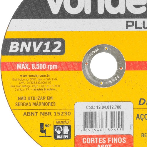 Disco de corte para metal e inox 180 x 1,6 x 22,23 mm - BNV12