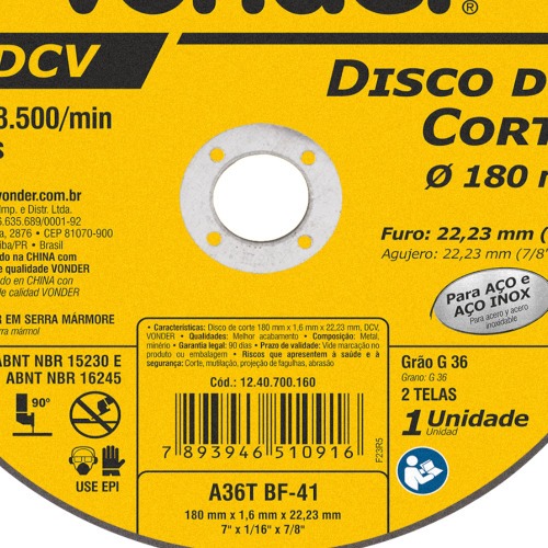 Disco de corte 180 x 1,6 x 22,23 mm - DCV