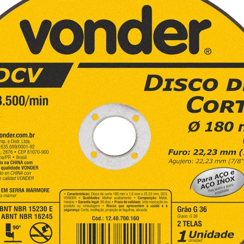 Disco de corte 180 x 1,6 x 22,23 mm - DCV