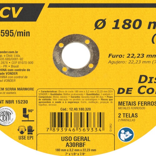 Disco de corte 180 x 3,2 x 22,23 mm - DCV 