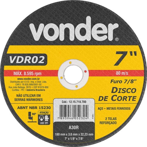 Disco de corte para metal 180  x 3,0  x 22,23 mm - VDR02