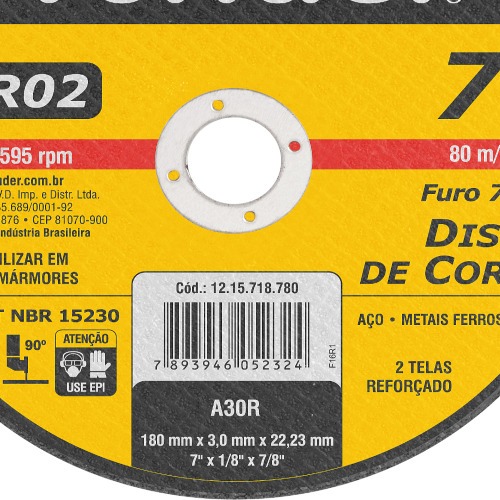 Disco de corte para metal 180  x 3,0  x 22,23 mm - VDR02