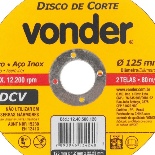 Disco de corte 125 x 1,2 x 22,23 mm DCV Disco de corte 125 x 1,2 x 22,23 mm DCV