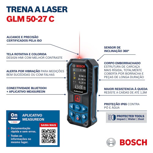 Trena a laser vermelho leitura at� 50 metros com Bluetooth - GLM 50-27 C