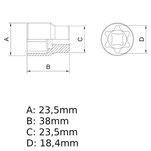 Soquete hexalobular f�mea e-20 encaixe de 1/2