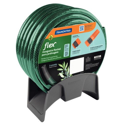 Mangueira Flex Verde em PVC 3 Camadas 15 m com Engate Esguicho e Suporte Mangueira Flex Verde em PVC 3 Camadas 15 m com Engate Esguicho e Suporte