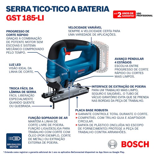 Serra tico tico a bateria 18V velocidade vari�vel Brushless Sem Bateria - GST 185-LI