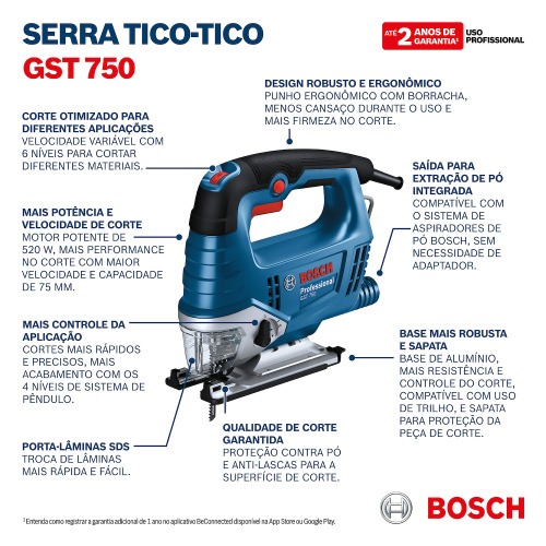 Serra tico tico 520W capacidade de corte 75 mm velocidade vari�vel- GST 750  220V
