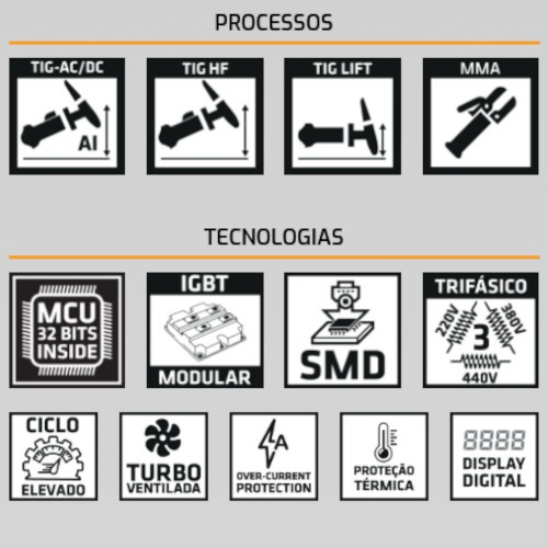 Inversora de solda multiprocesso 350A Alum�nio Tig AC/DC Trif�sica - TOUCH 350 AC/DC 