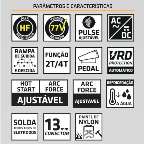 Inversora de solda multiprocesso 350A Alum�nio Tig AC/DC Trif�sica - TOUCH 350 AC/DC 