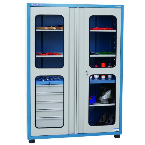 Arm�rio para ferramentas com 3 prateleiras 5 gavetas e portas de vidro - AM-14