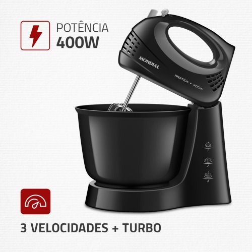 Batedeira 400 watts 3 velocidades preta Prática - B-44-B 110V Batedeira 400 watts 3 velocidades preta Prática - B-44-B 110V