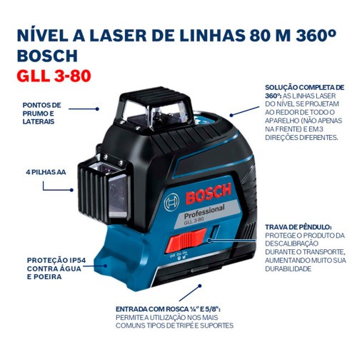 N�vel � laser com 3 linhas 360� alcance de 30 metros - GLL3-80