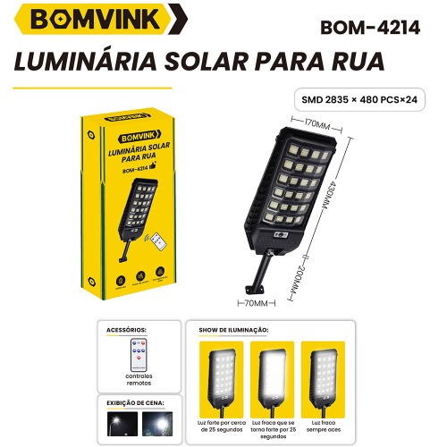 Luminária solar led com sensor de movimento 6600mAh - BOM-4214 Luminária solar led com sensor de movimento 6600mAh - BOM-4214
