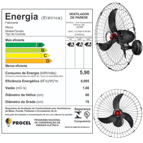 Ventilador de parede 70 cm oscilante bivolt preto - V70P  110V/220V