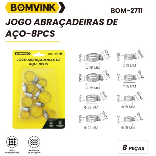 Jogo abra�adeiras de a�o 16 a 25mm com 8 pe�as - BOM-2711
