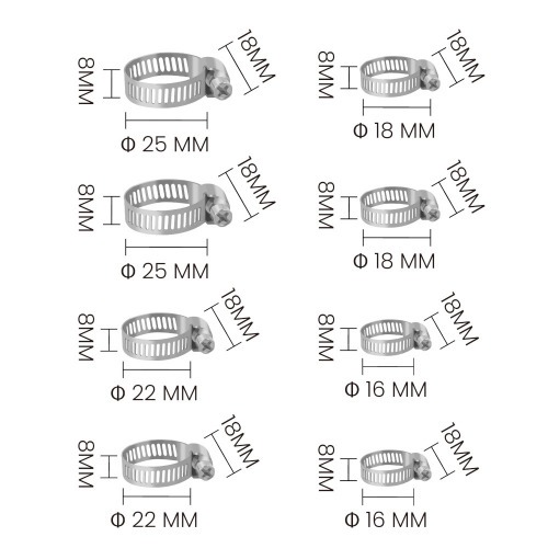 Jogo abra�adeiras de a�o 16 a 25mm com 8 pe�as - BOM-2711