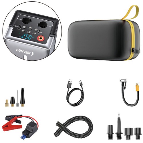 Auxiliar de partida portátil a bateria com compressor integrado e acessórios - BOM-8910 Auxiliar de partida portátil a bateria com compressor integrado e acessórios - BOM-8910